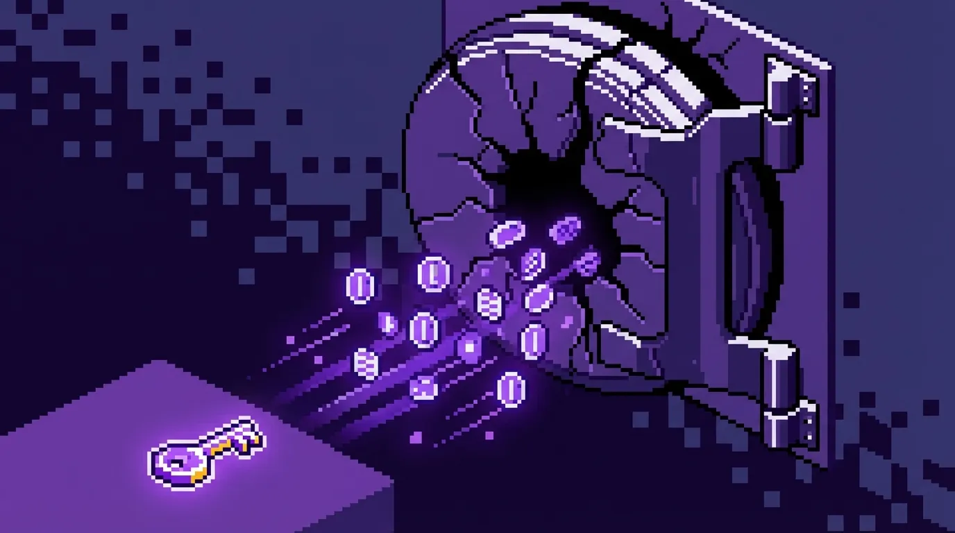 A cracked digital vault with streams of data flowing out into darkness, representing the Drift Protocol exploit