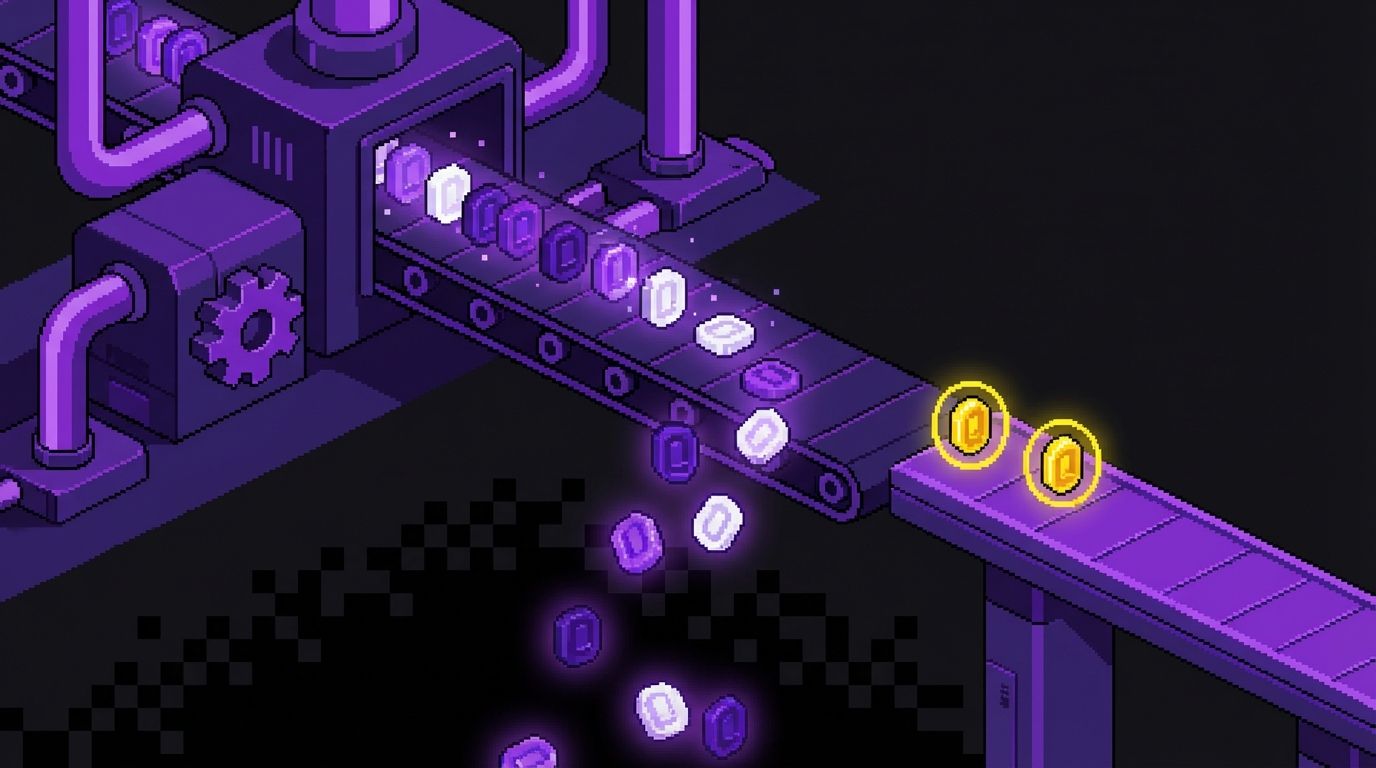 A pixel art scene showing a conveyor belt of colorful tokens being created, most falling off the edge into darkness while a few glow brightly and continue forward