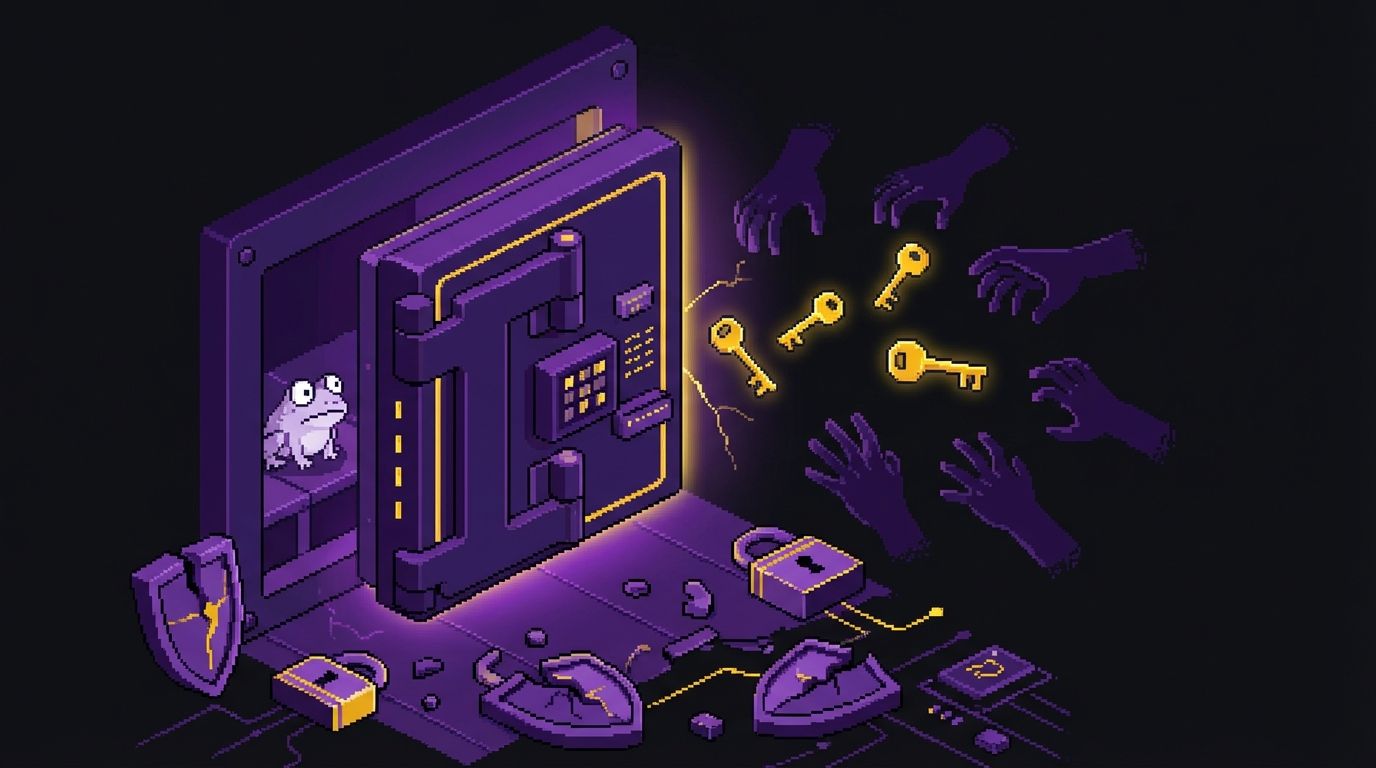 Pixel art scene of a vault door cracked open with glowing keys floating out into darkness, representing private key exposure when using trading bots