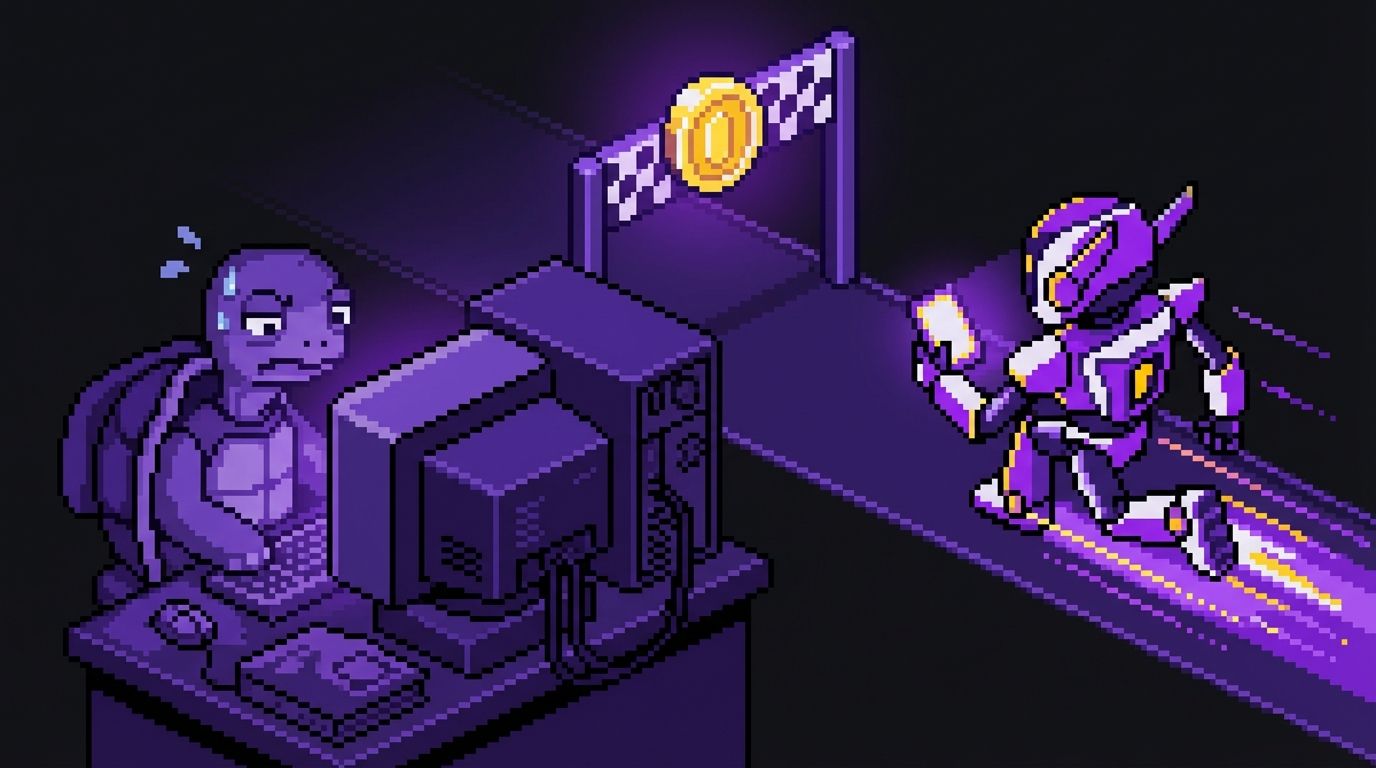 Pixel art scene of a race between a slow turtle using a laptop and a fast robot using a phone, representing the speed difference between manual DEX trading and Telegram bots